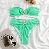 Bandeau-Crinkle-Bikini-Set mit hoher Taille und goldenem Muscheldetail - Lachs